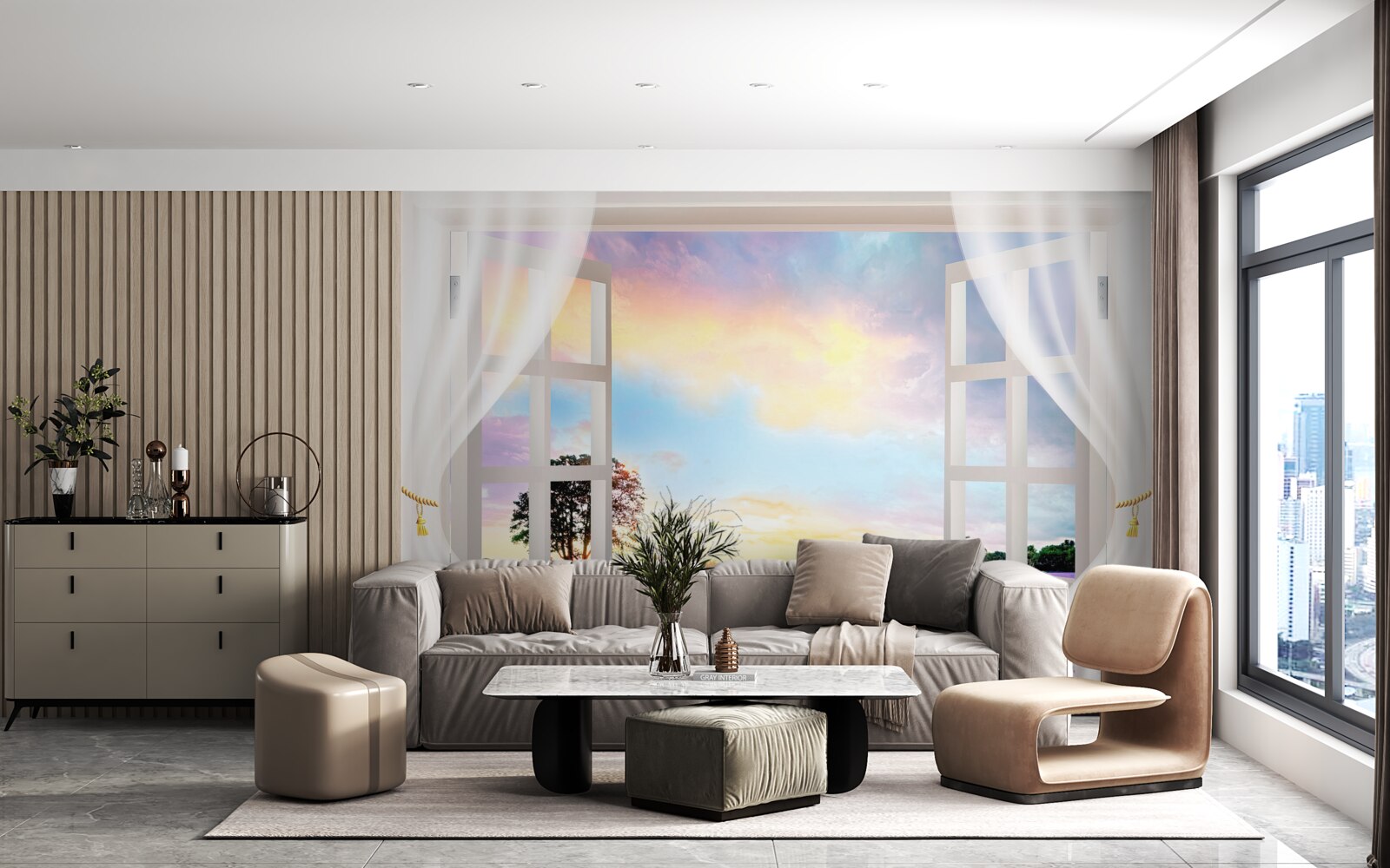 Fotobehang panorama van een lavendelveld vanuit het raam