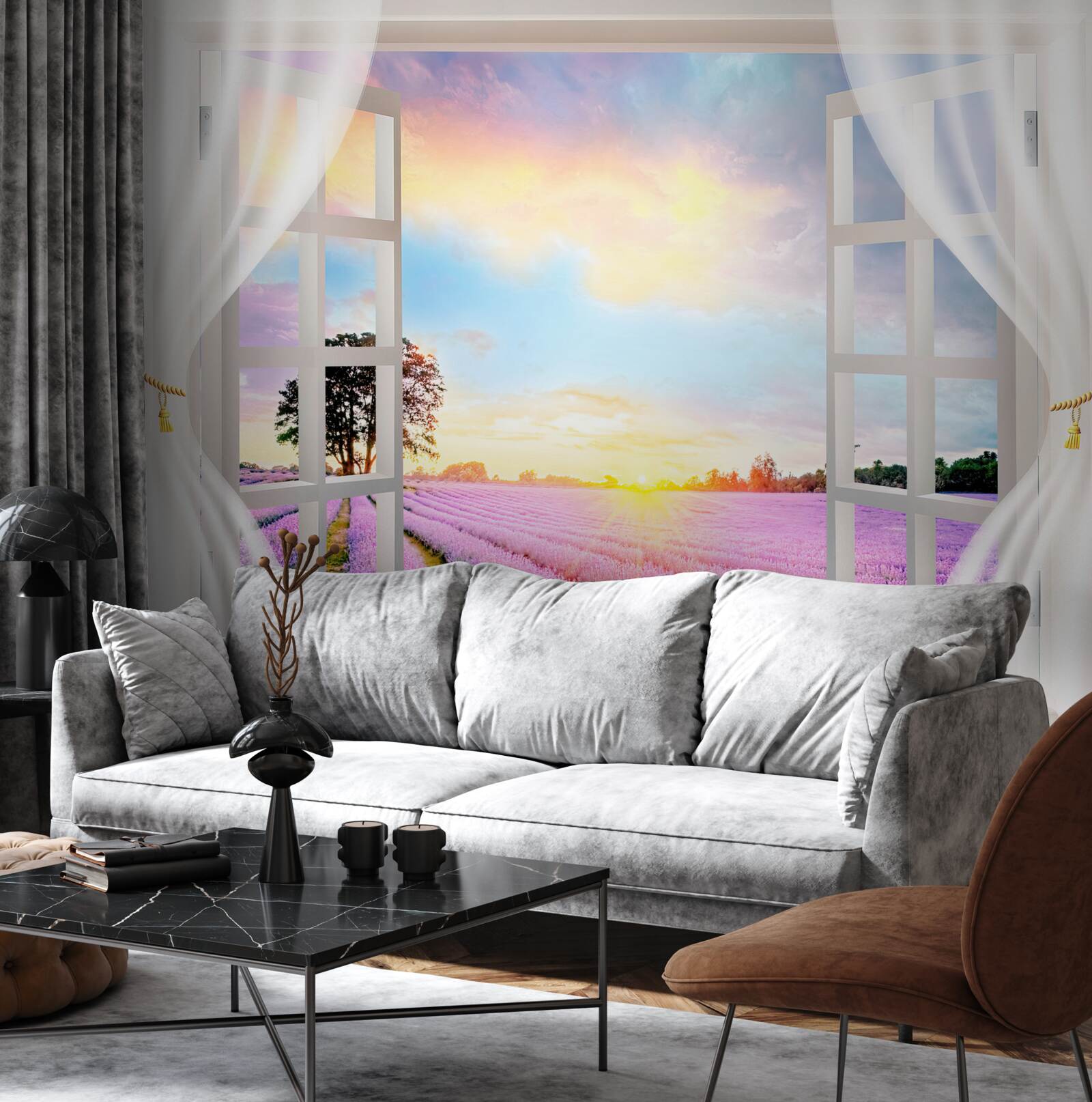 Fotobehang panorama van een lavendelveld vanuit het raam