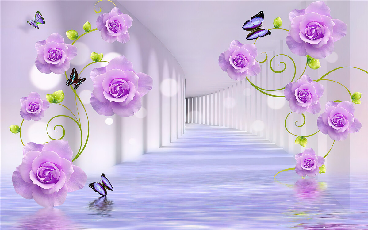 Fotobehang lange gang en lila rozen
