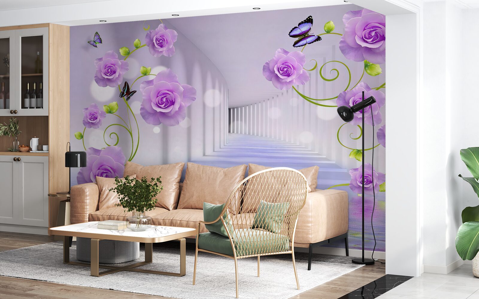 Fotobehang lange gang en lila rozen