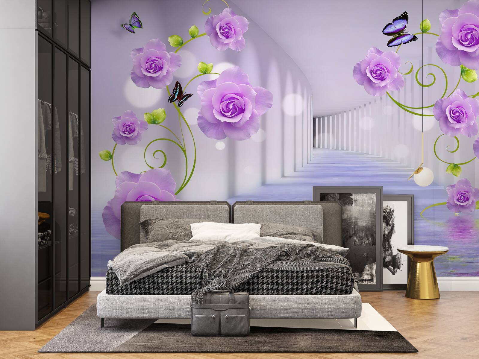 Fotobehang lange gang en lila rozen