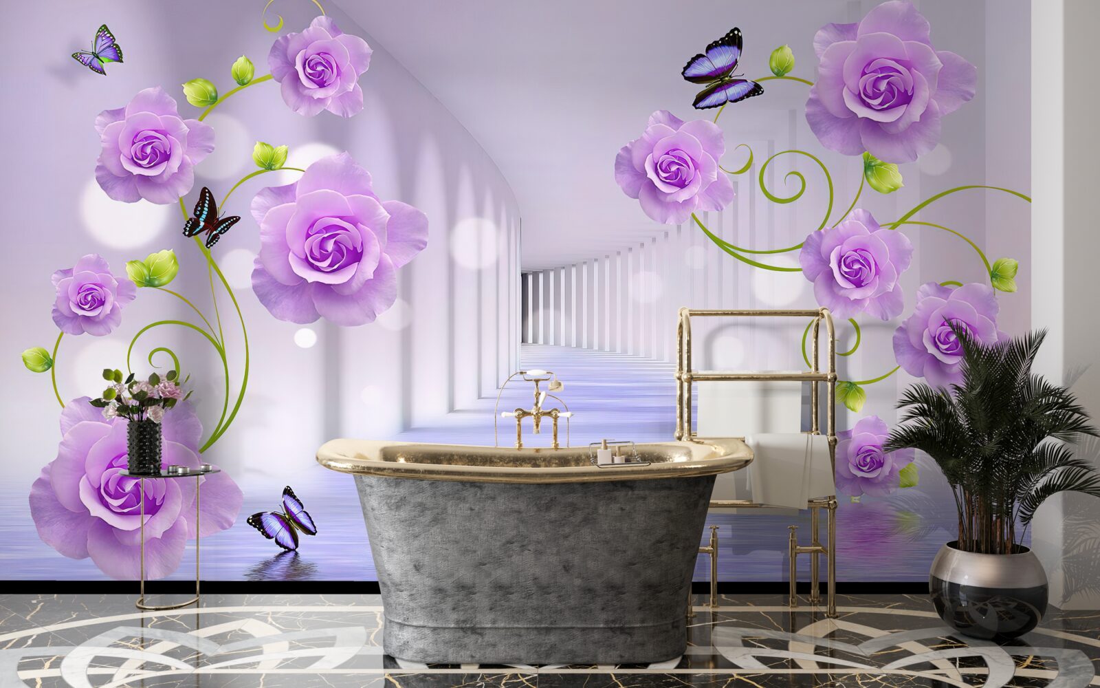 Fotobehang lange gang en lila rozen