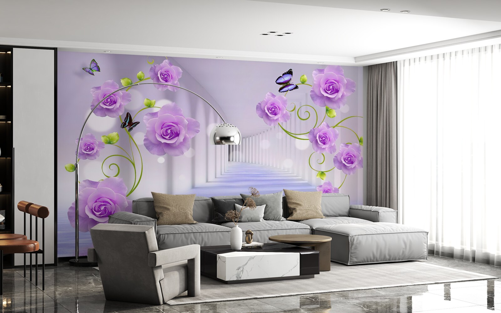 Fotobehang lange gang en lila rozen