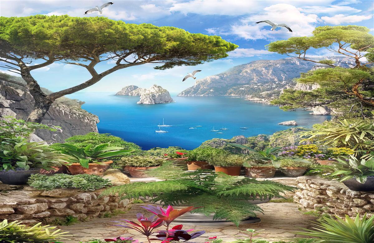 Fotobehang bloemenweide met uitzicht op de stad en de zee