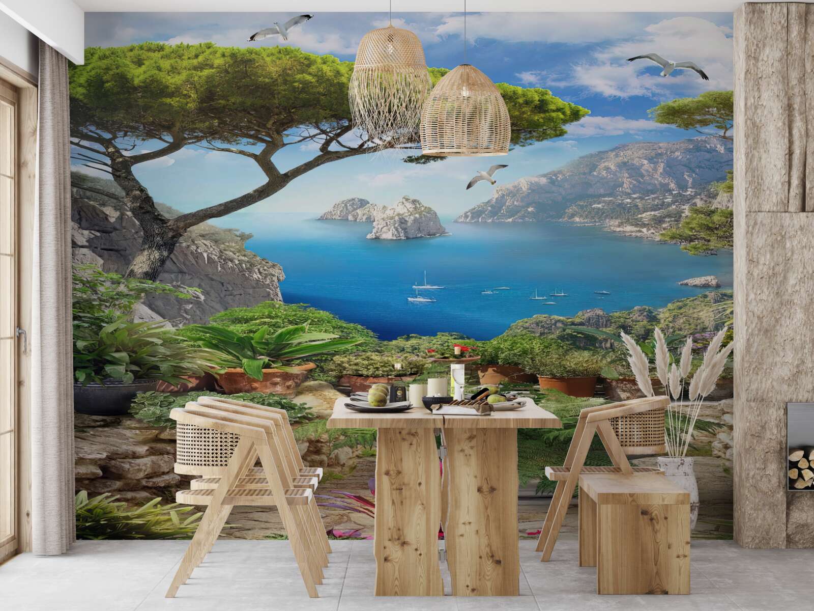 Fotobehang bloemenweide met uitzicht op de stad en de zee