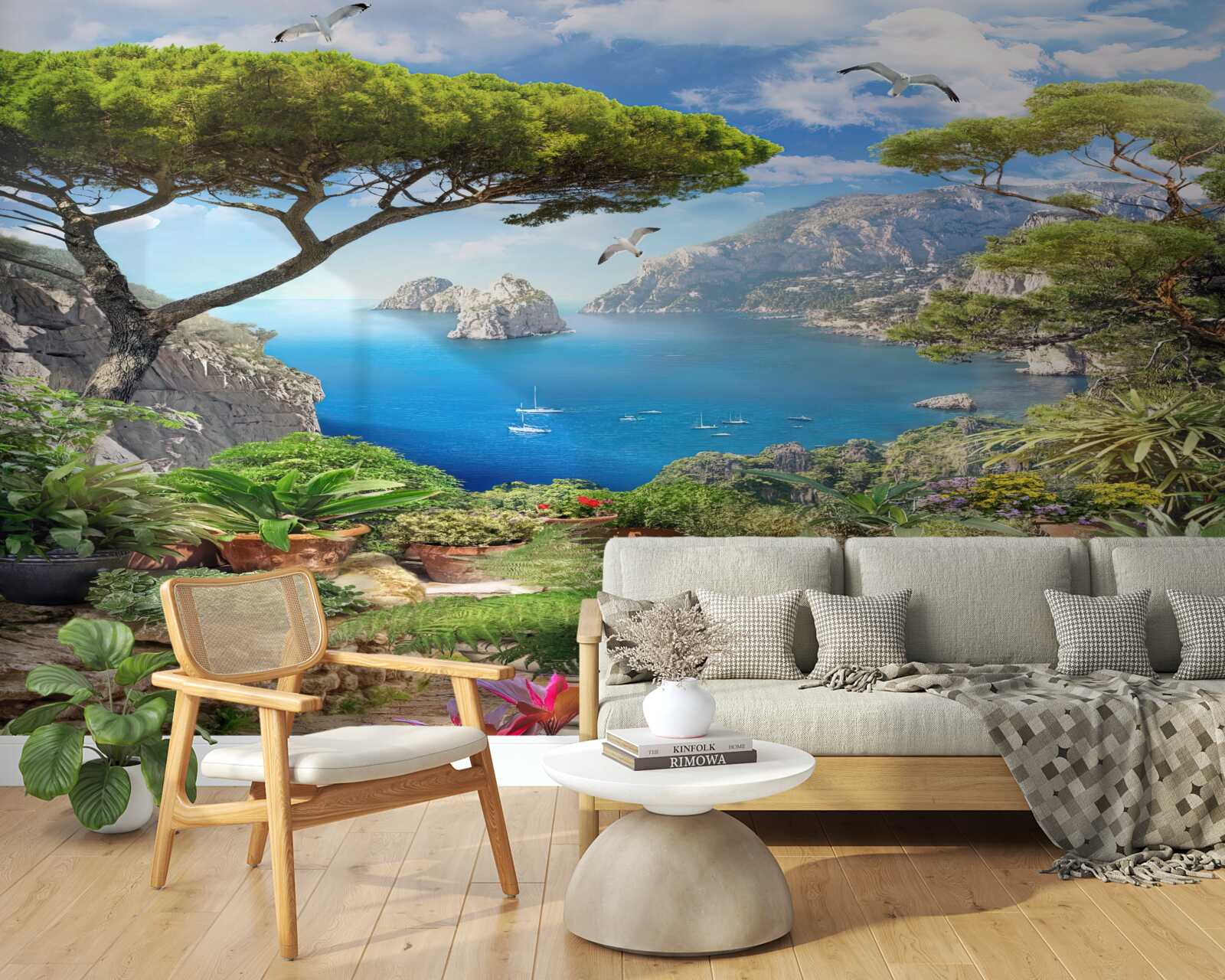 Fotobehang bloemenweide met uitzicht op de stad en de zee