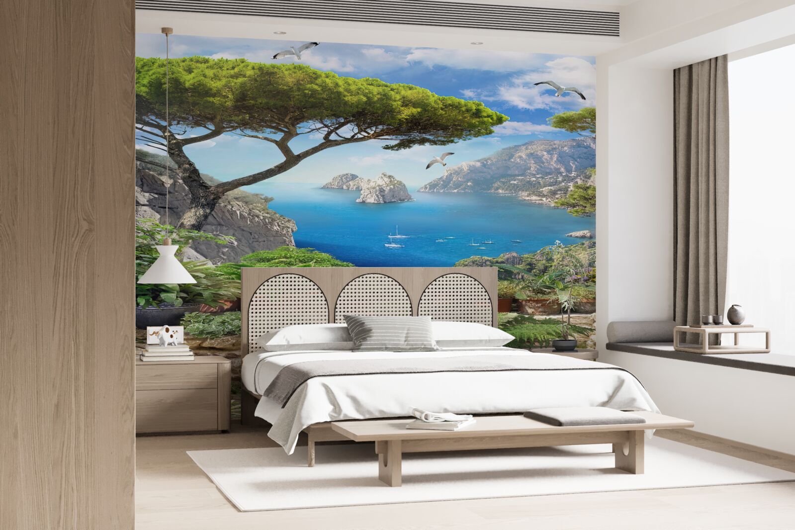 Fotobehang bloemenweide met uitzicht op de stad en de zee