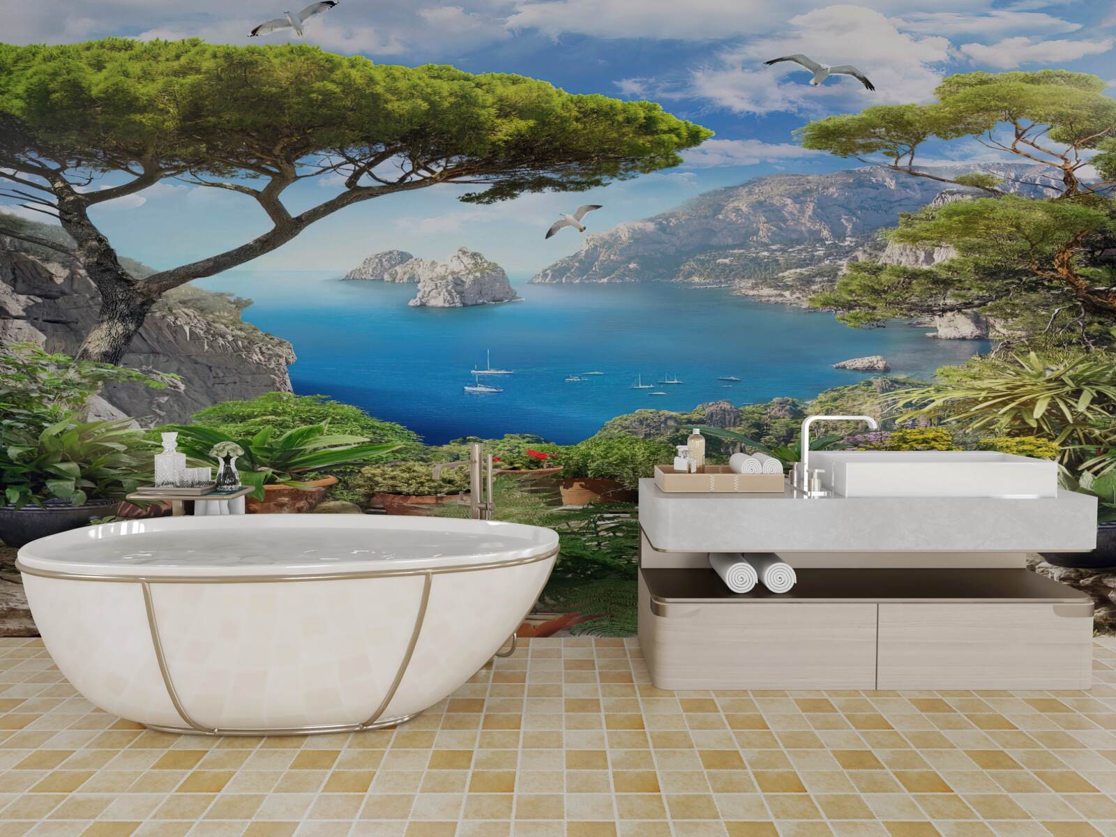 Fotobehang bloemenweide met uitzicht op de stad en de zee