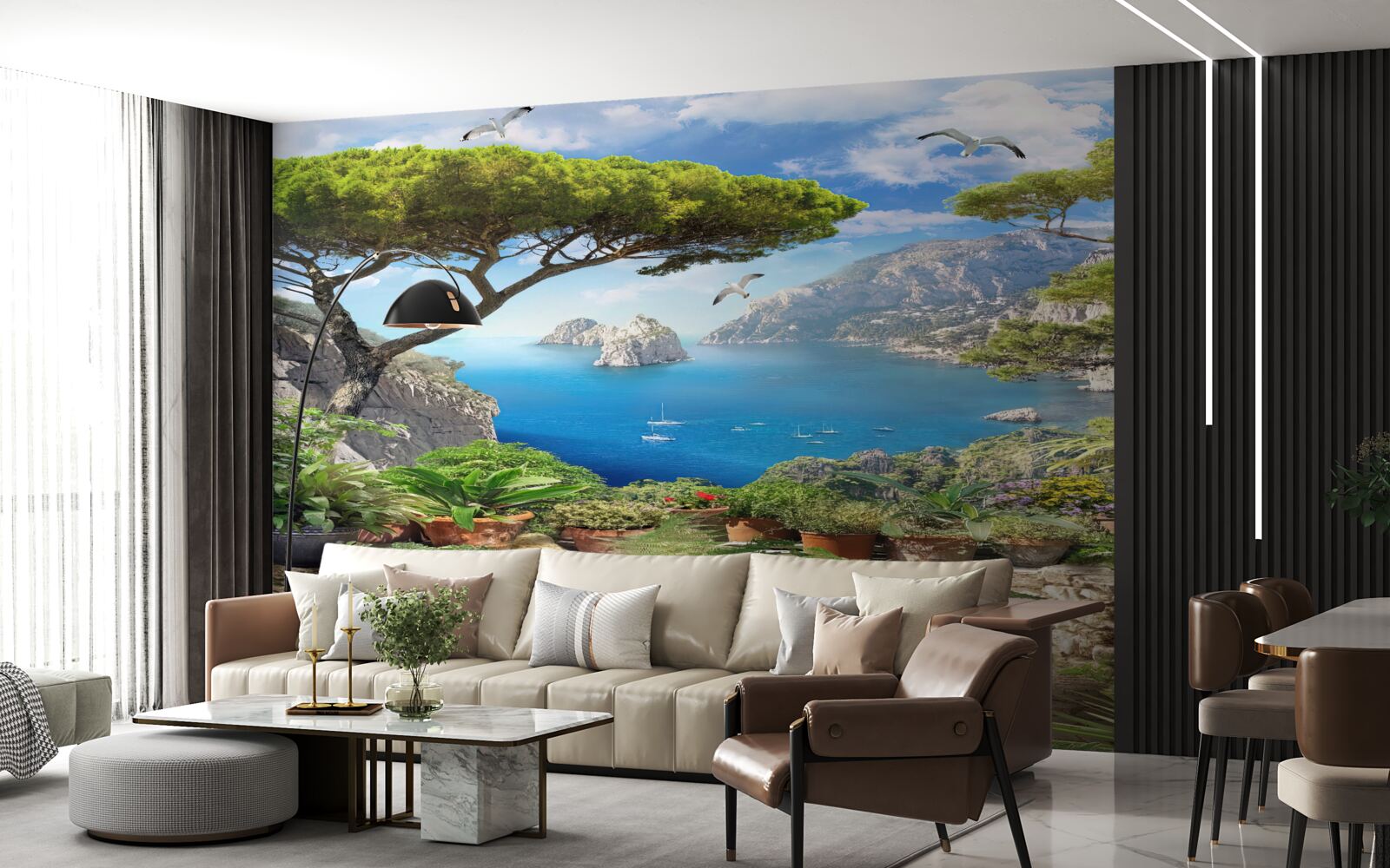 Fotobehang bloemenweide met uitzicht op de stad en de zee