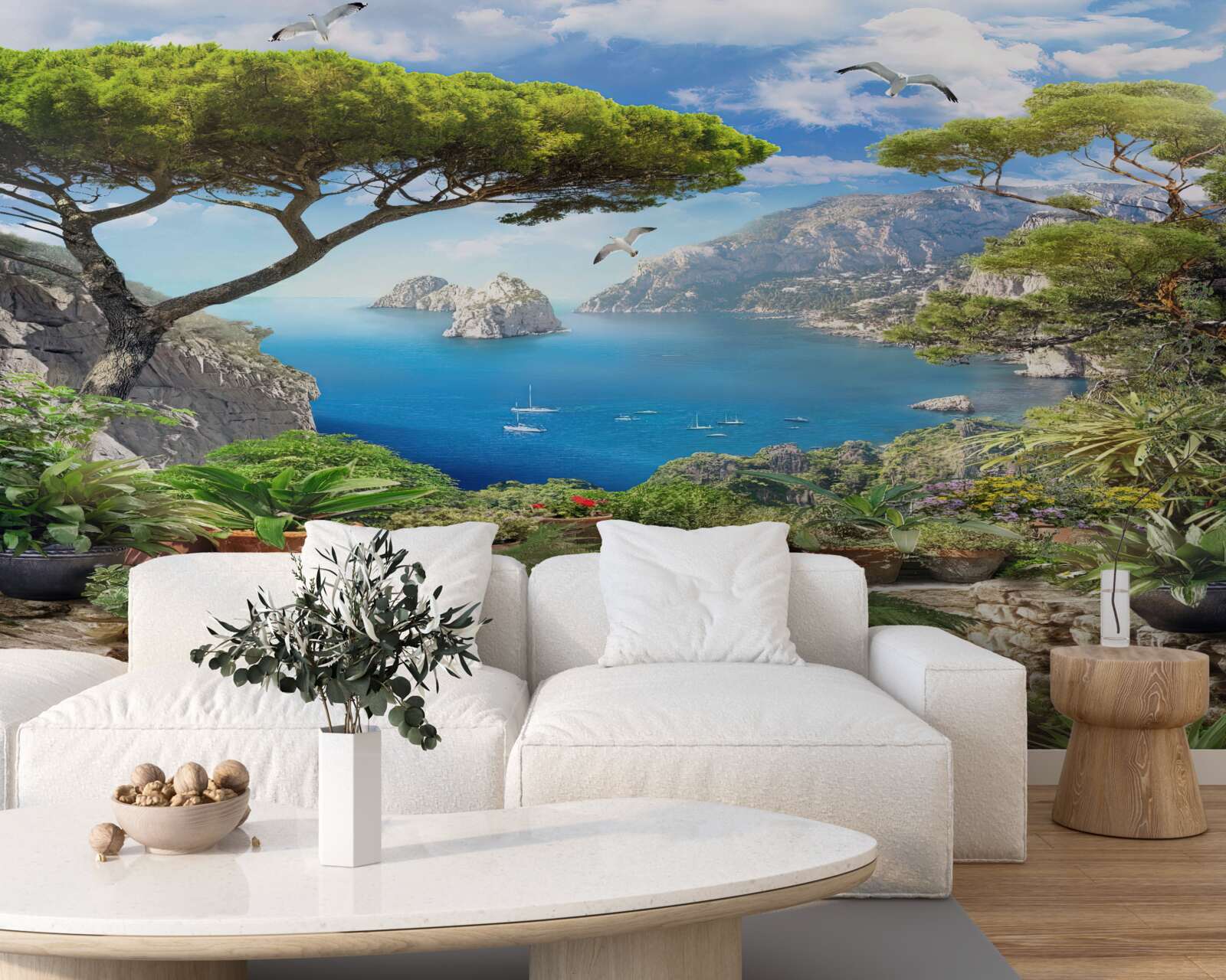 Fotobehang bloemenweide met uitzicht op de stad en de zee