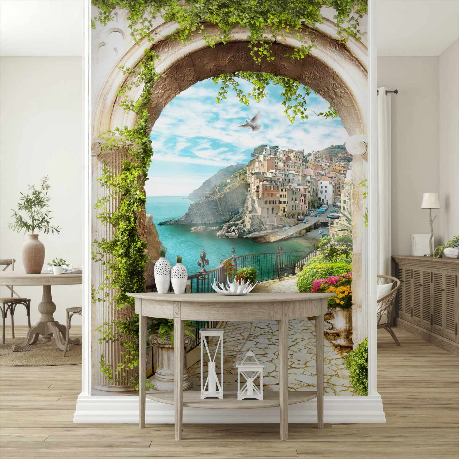 Fotobehang huizen op een klif boven het water