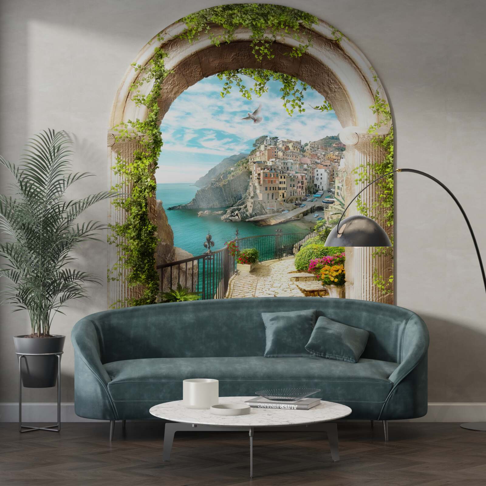 Fotobehang huizen op een klif boven het water