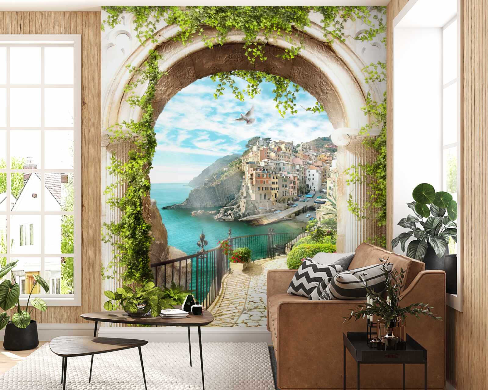 Fotobehang huizen op een klif boven het water