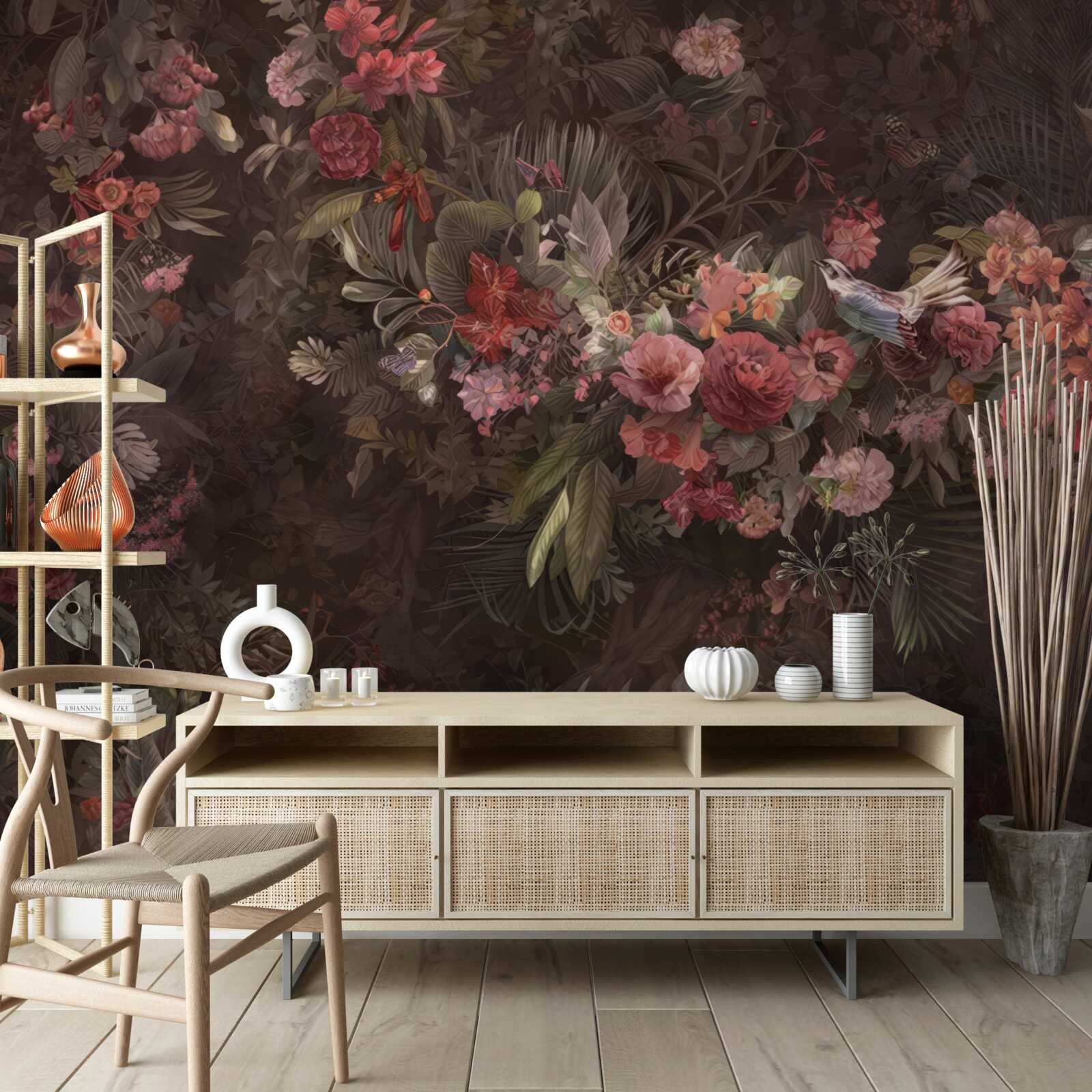 Fotobehang donkere tuin met bloemen