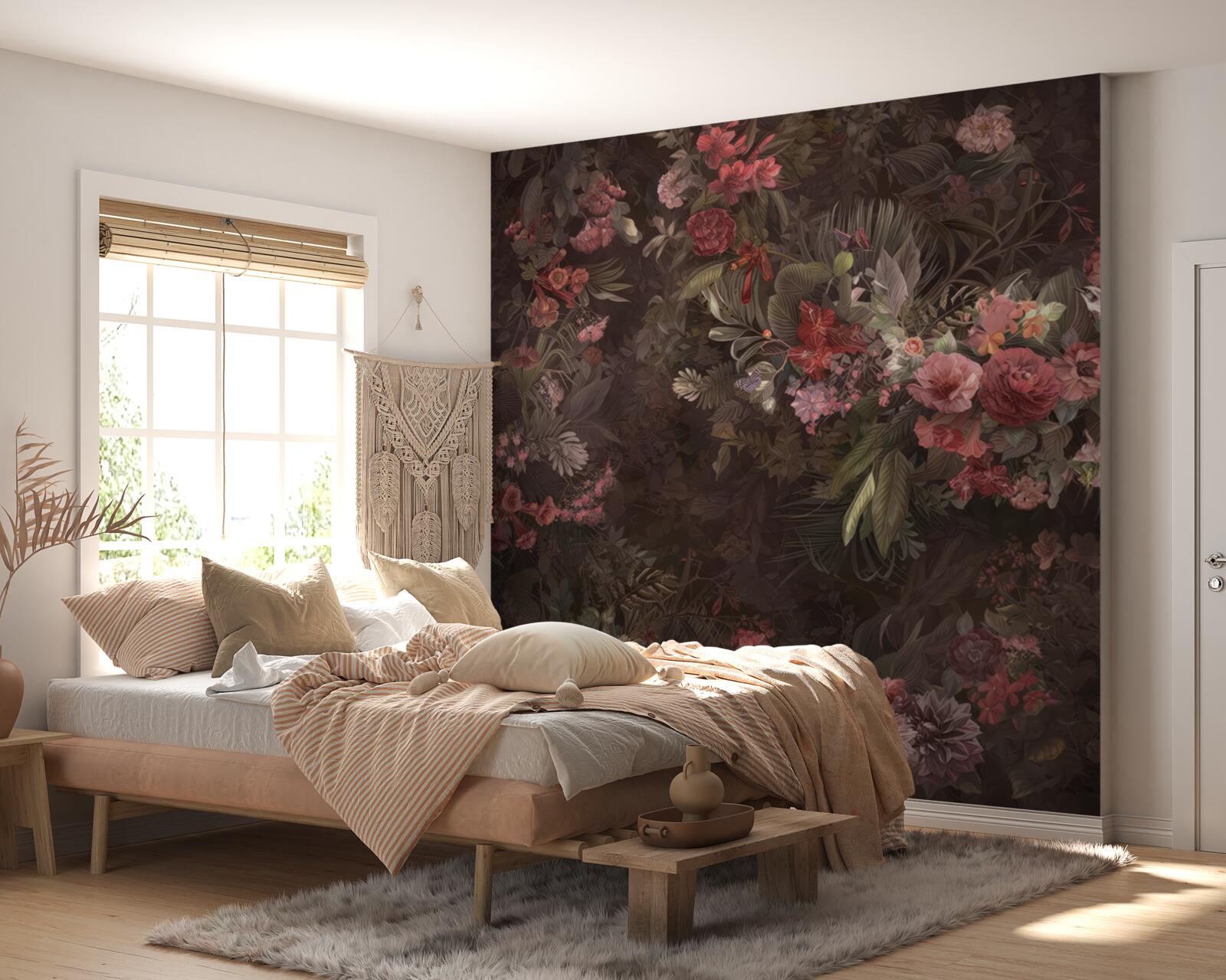 Fotobehang donkere tuin met bloemen