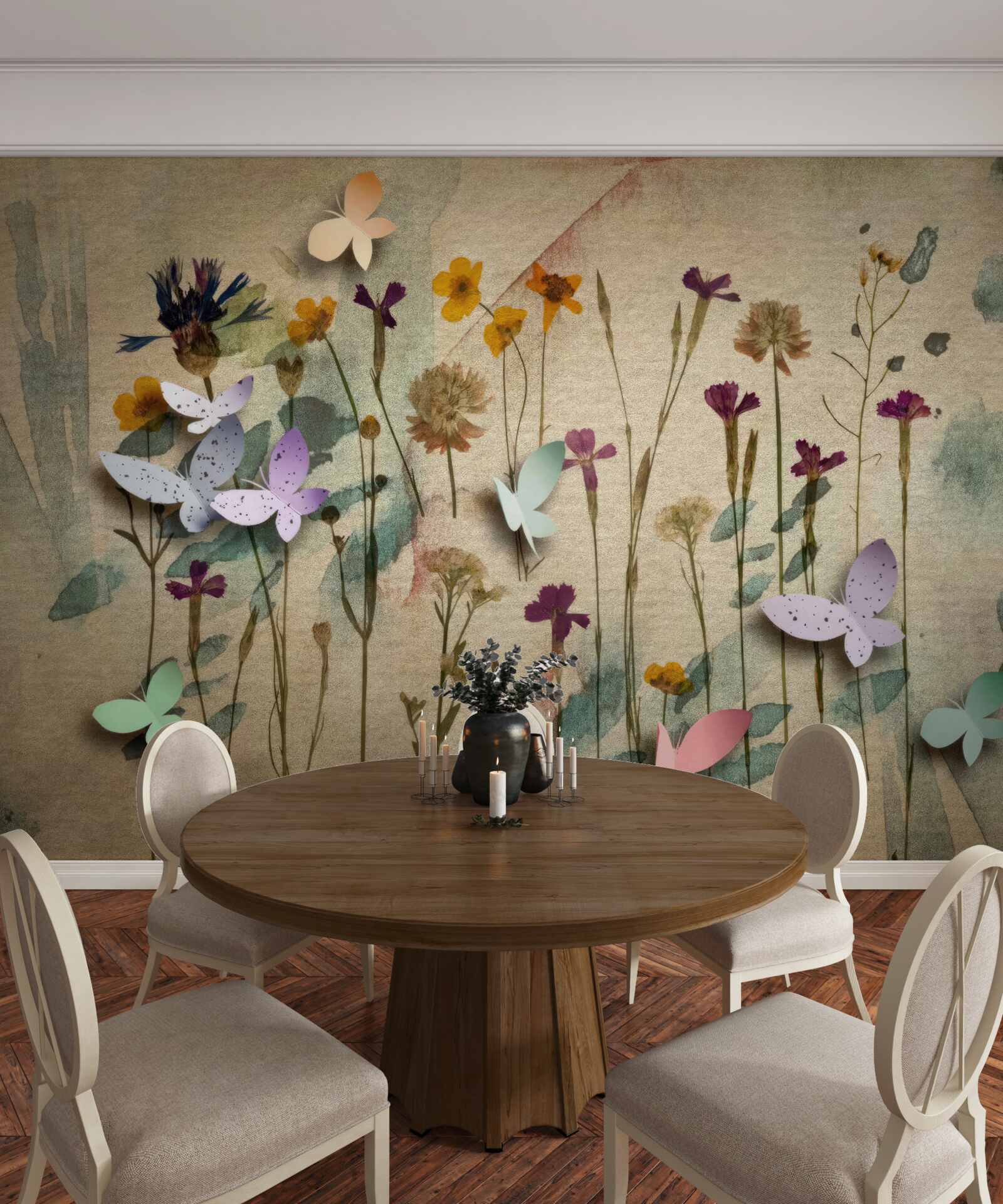 Fotobehang grote bloemen en vlinders in de tekening