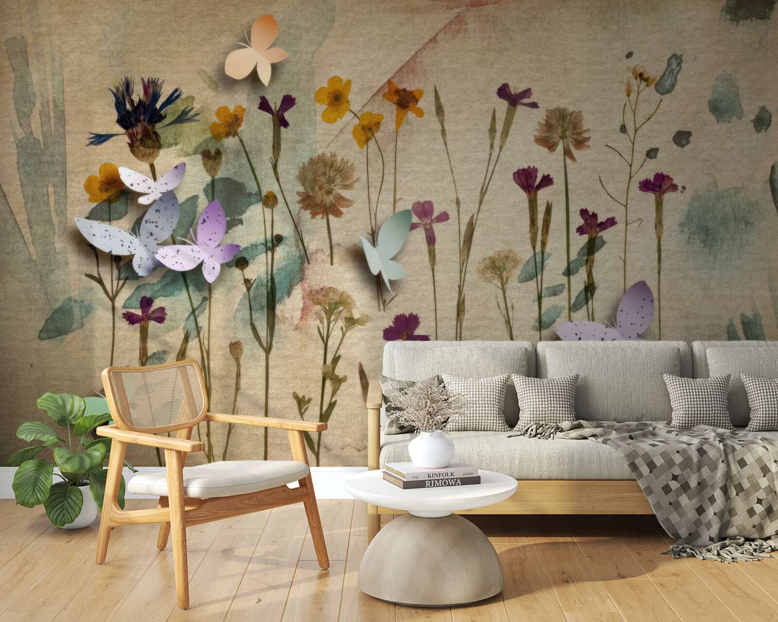 Fotobehang grote bloemen en vlinders in de tekening