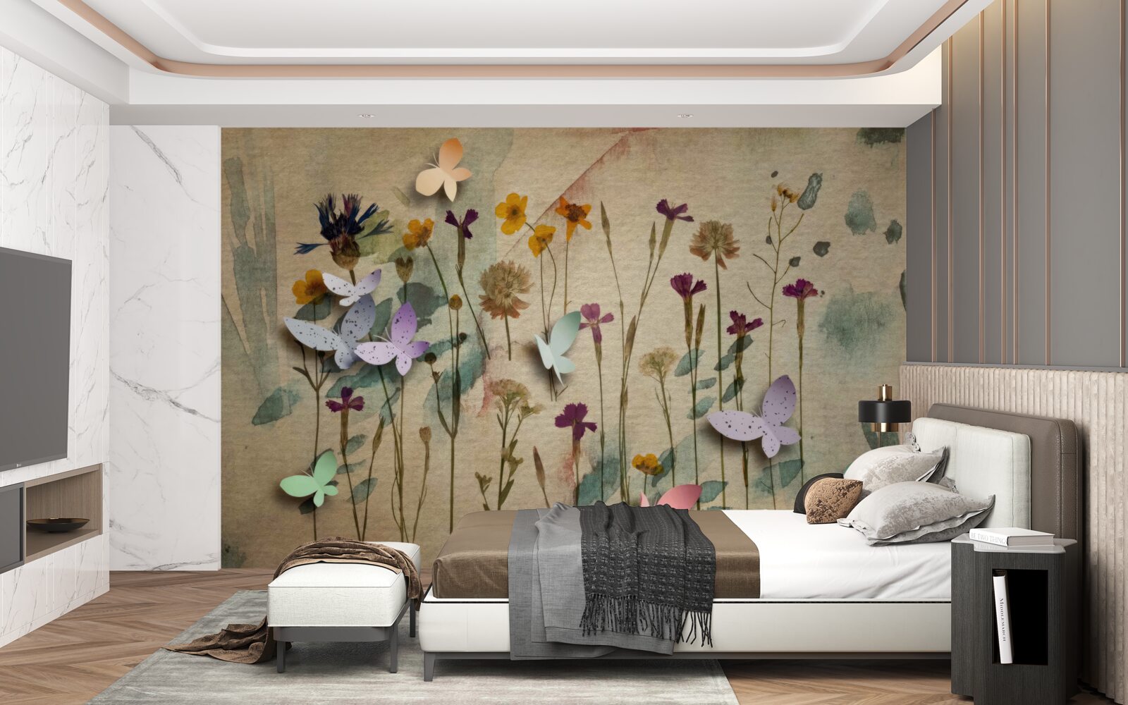 Fotobehang grote bloemen en vlinders in de tekening