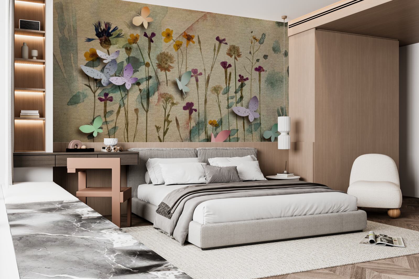 Fotobehang grote bloemen en vlinders in de tekening