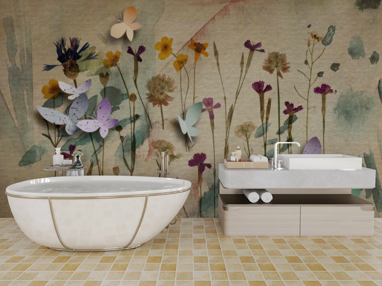 Fotobehang grote bloemen en vlinders in de tekening