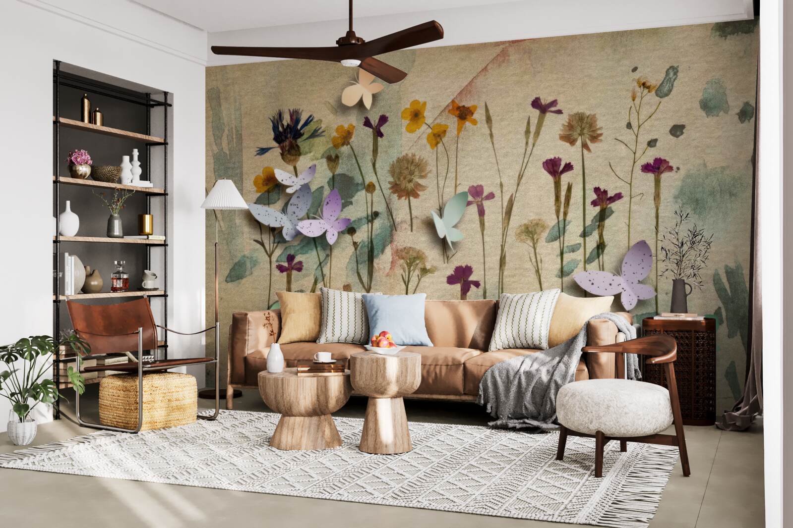 Fotobehang grote bloemen en vlinders in de tekening