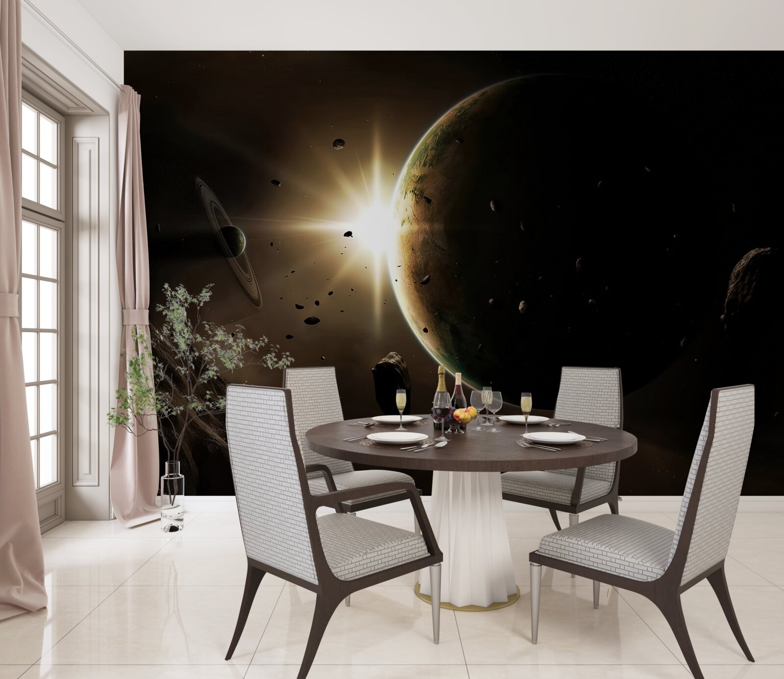 Fotobehang planeten en kometen die voorbij razen