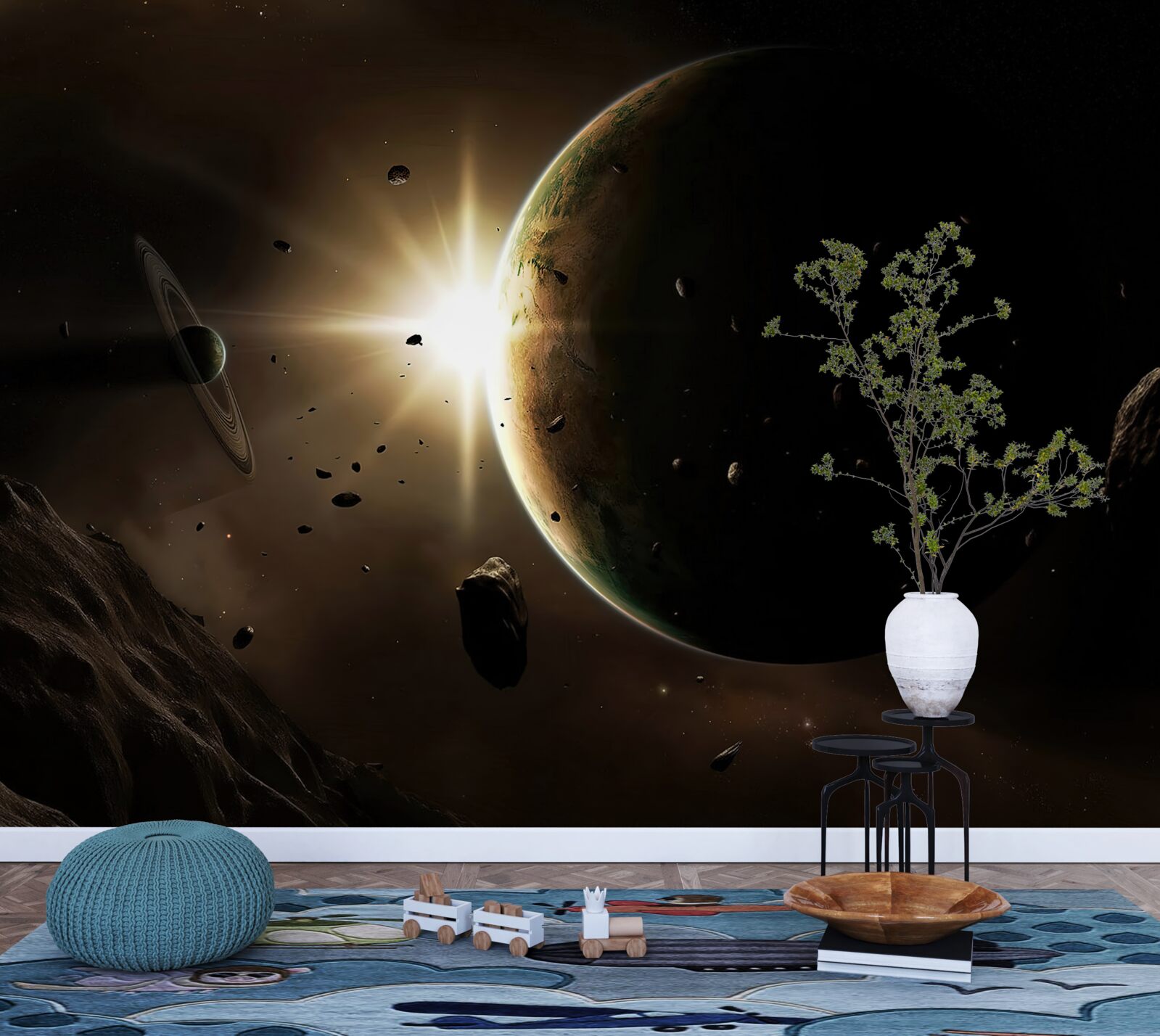 Fotobehang planeten en kometen die voorbij razen