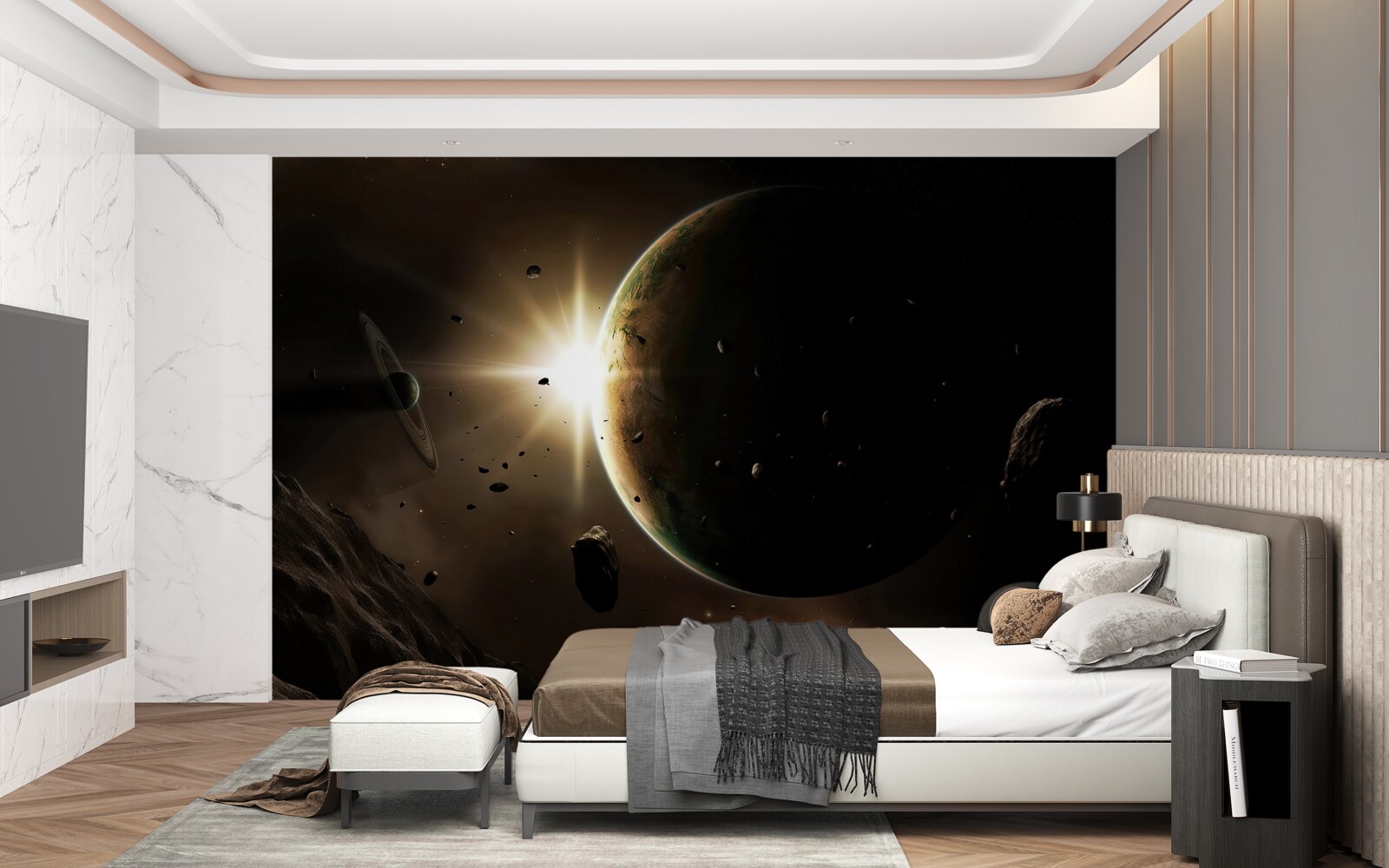 Fotobehang planeten en kometen die voorbij razen