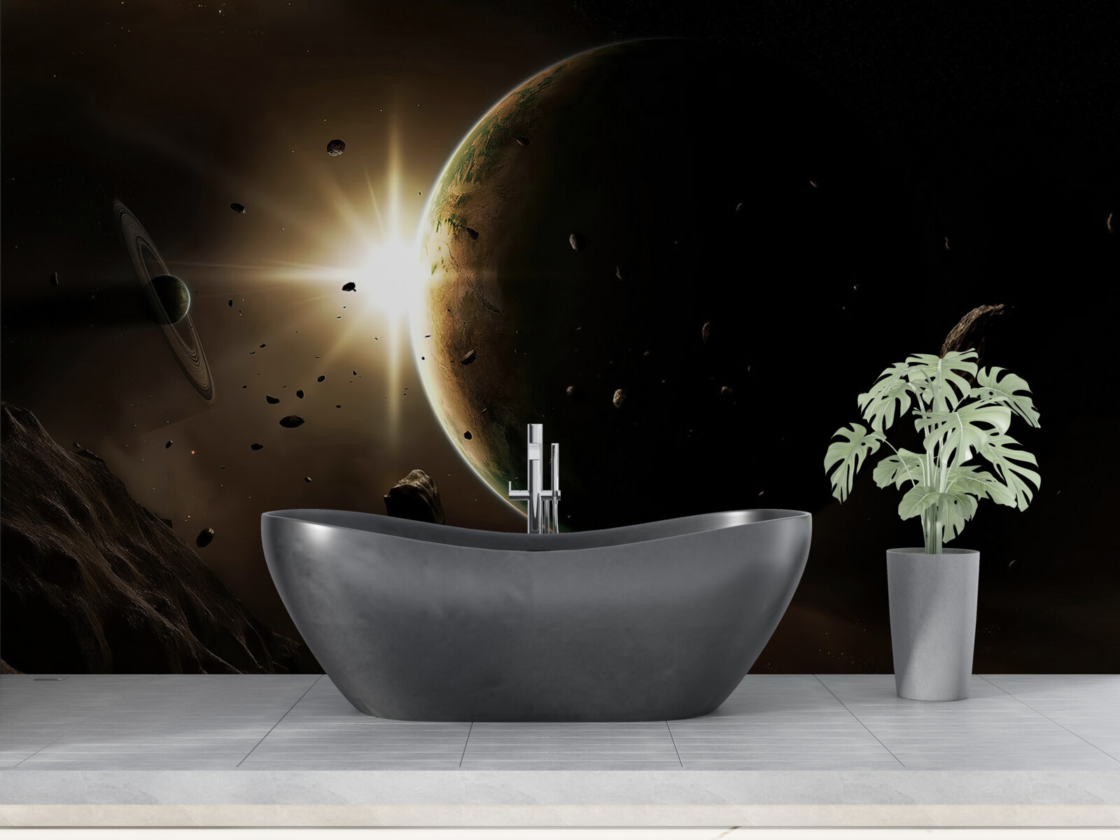 Fotobehang planeten en kometen die voorbij razen