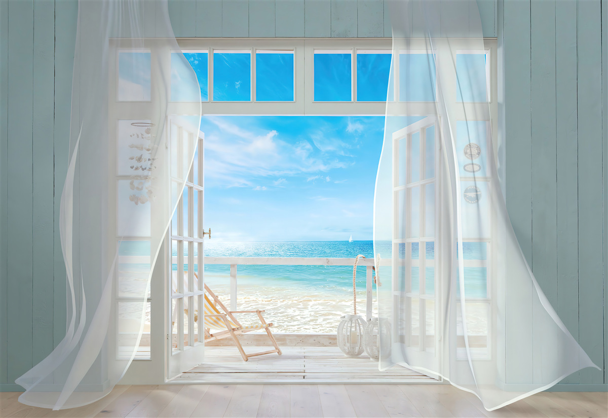 Fotobehang wapperende gordijnen van een open raam