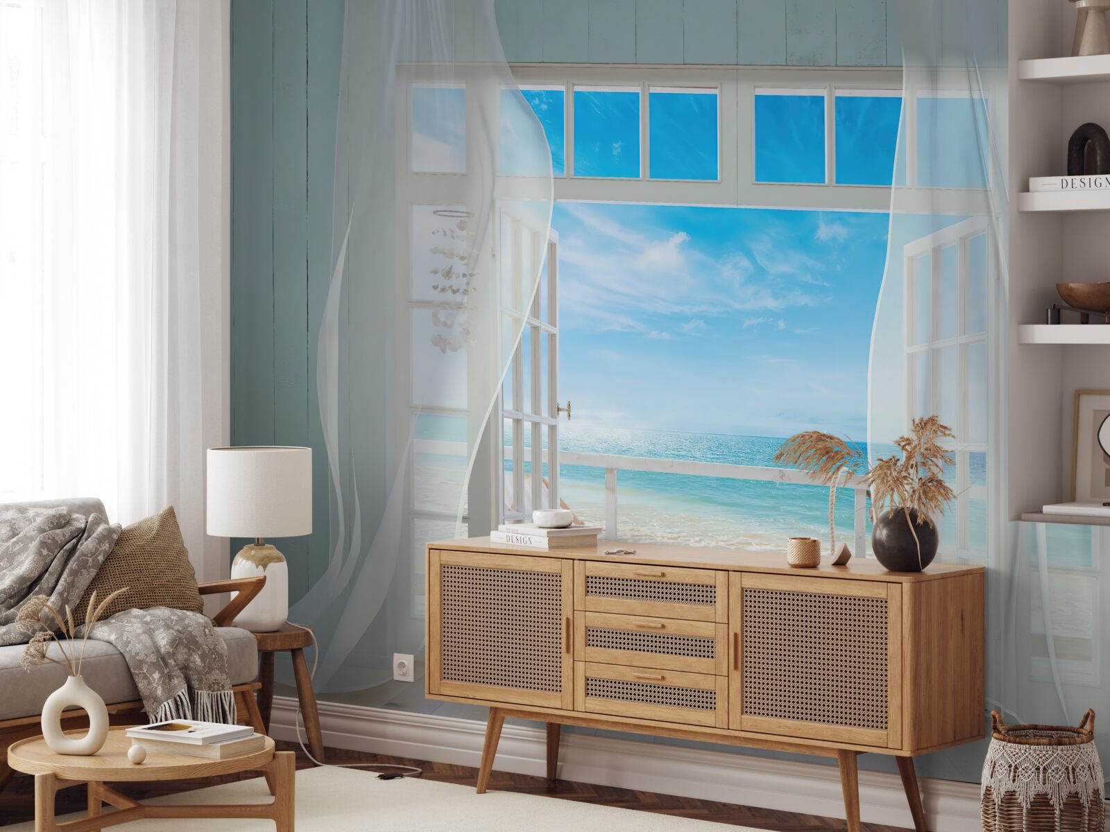 Fotobehang wapperende gordijnen van een open raam