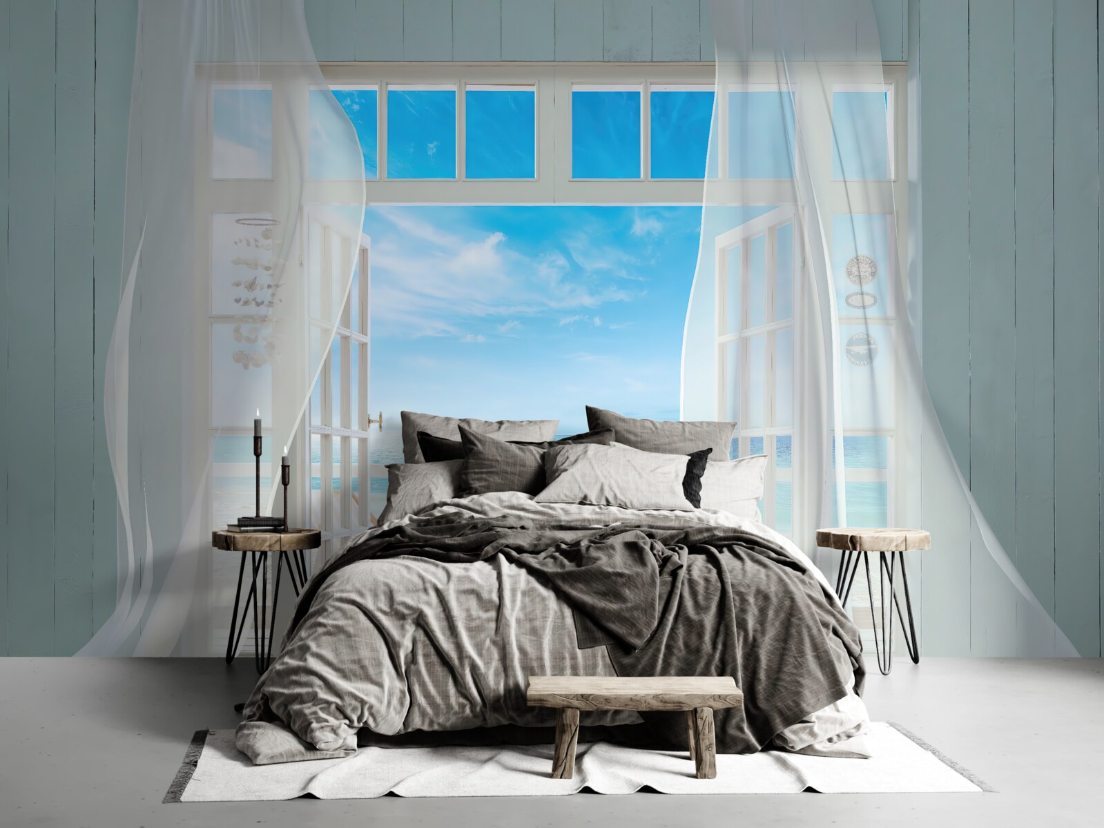 Fotobehang wapperende gordijnen van een open raam