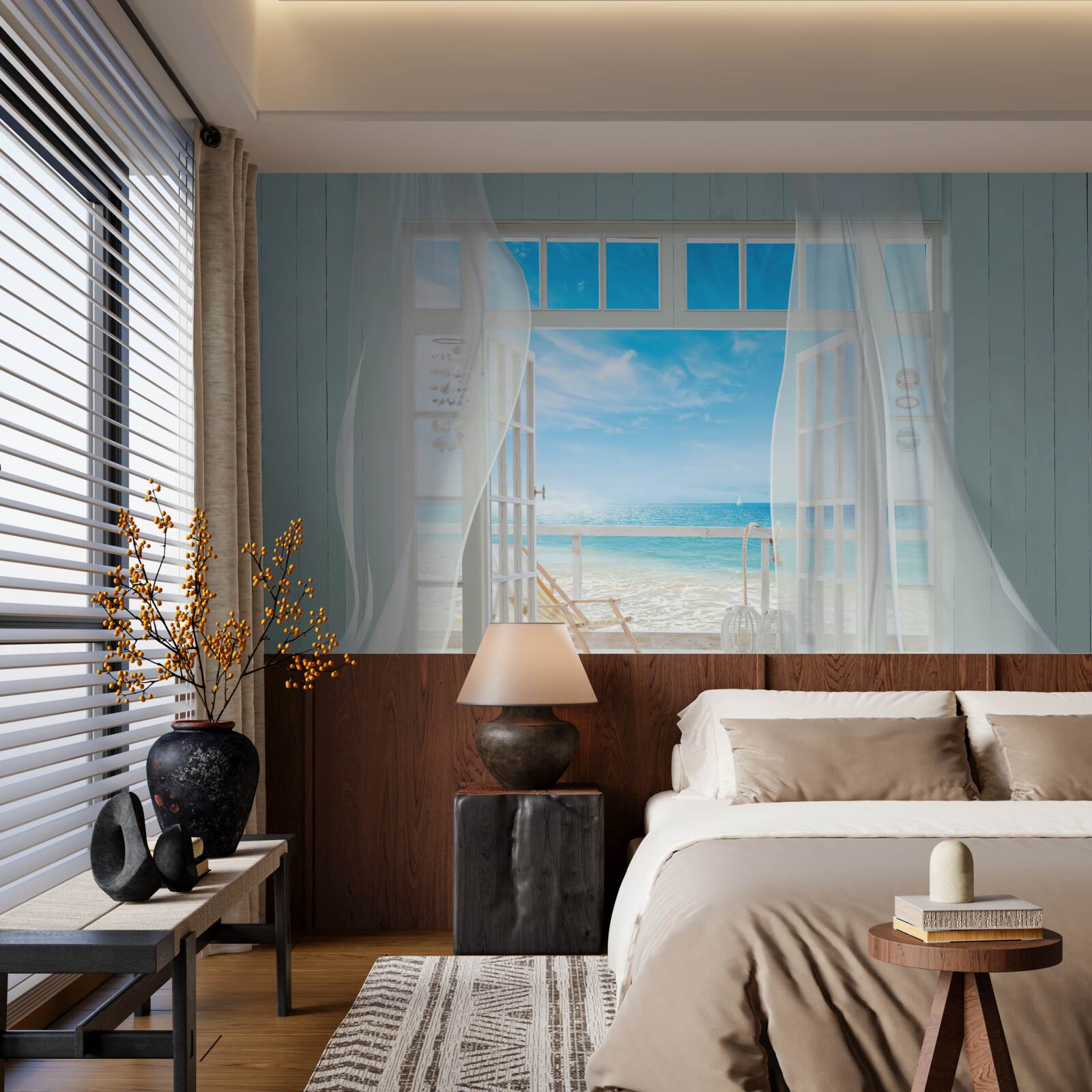 Fotobehang wapperende gordijnen van een open raam