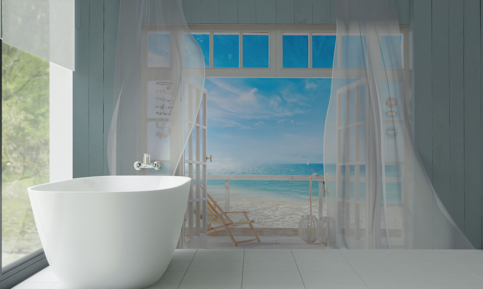 Fotobehang wapperende gordijnen van een open raam