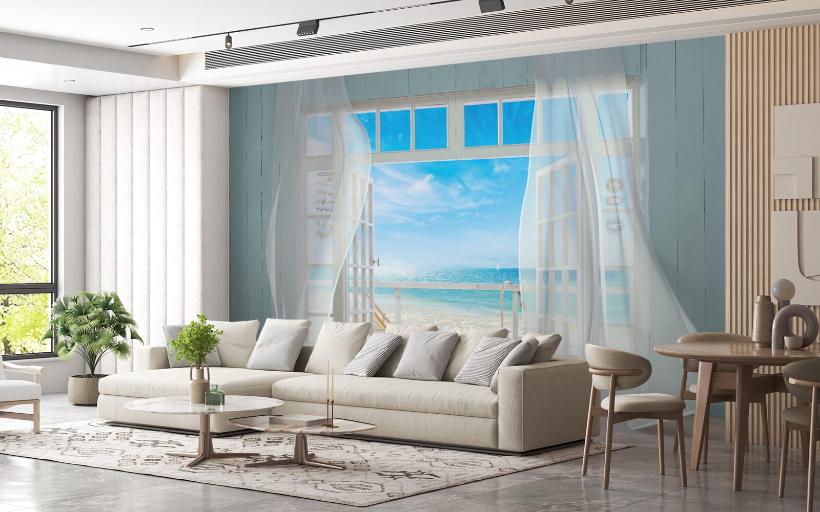 Fotobehang wapperende gordijnen van een open raam