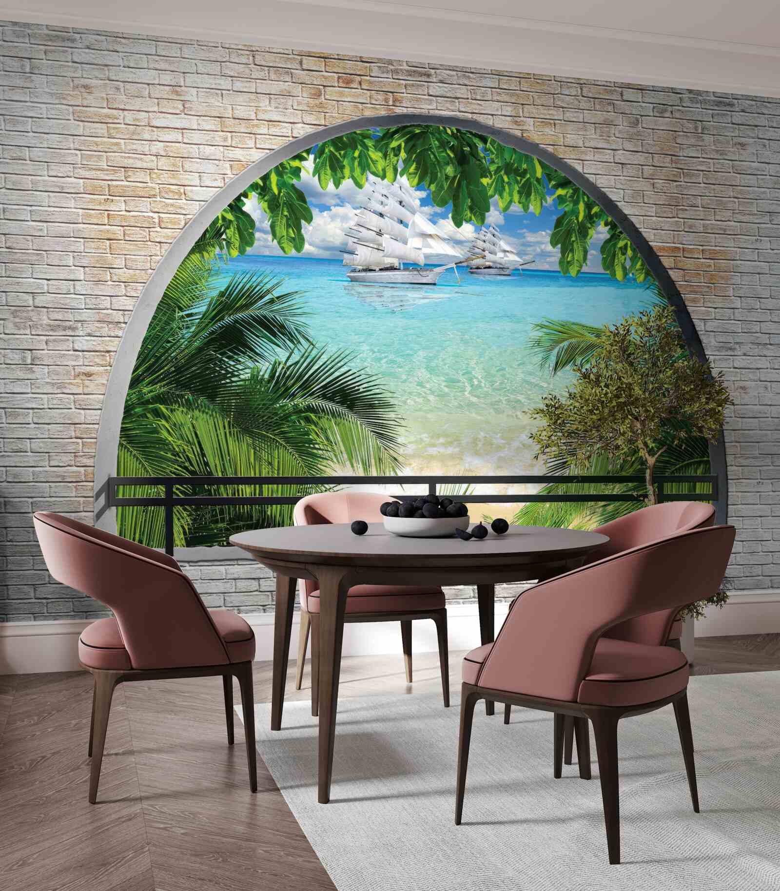 Fotobehang een raam in een bakstenen muur met uitzicht op zee en jachten met hagelwitte zeilen