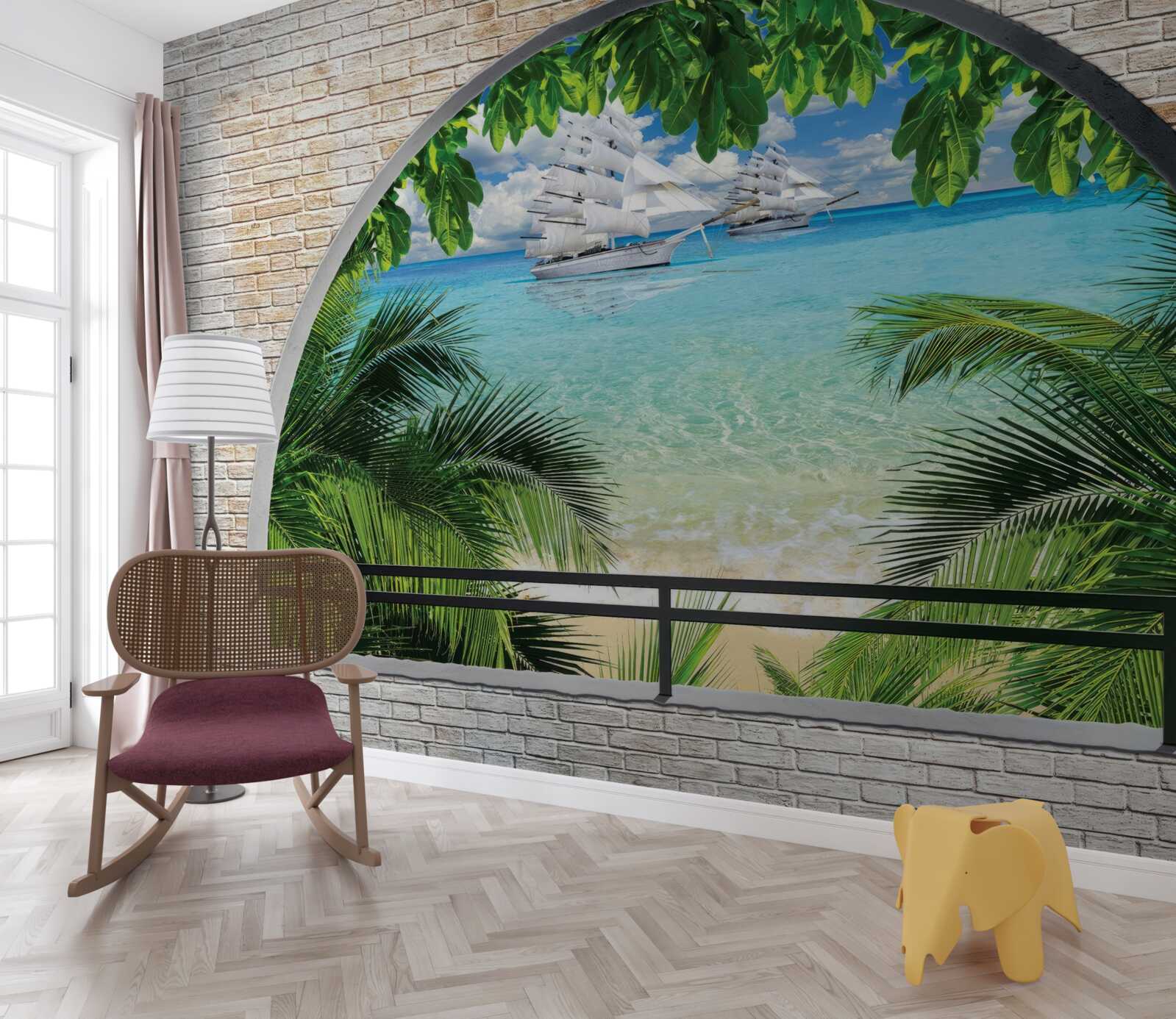 Fotobehang een raam in een bakstenen muur met uitzicht op zee en jachten met hagelwitte zeilen