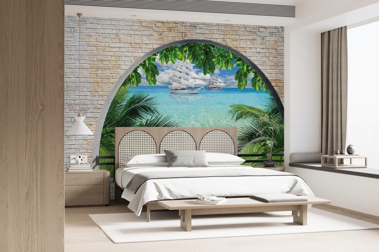 Fotobehang een raam in een bakstenen muur met uitzicht op zee en jachten met hagelwitte zeilen