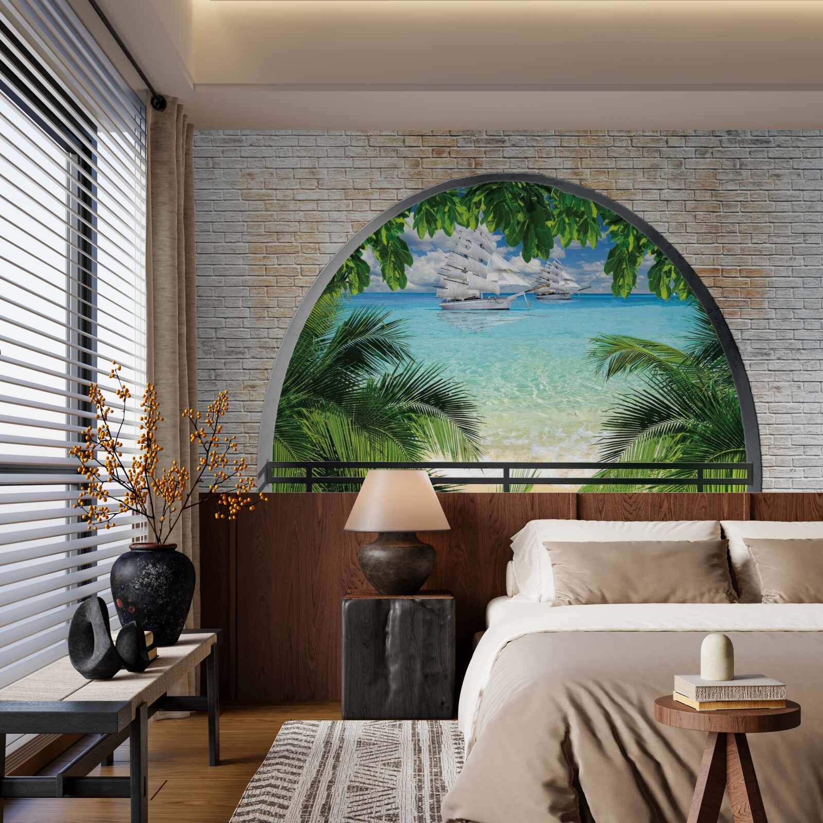 Fotobehang een raam in een bakstenen muur met uitzicht op zee en jachten met hagelwitte zeilen