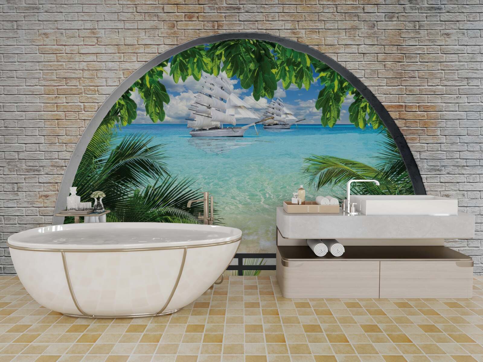 Fotobehang een raam in een bakstenen muur met uitzicht op zee en jachten met hagelwitte zeilen