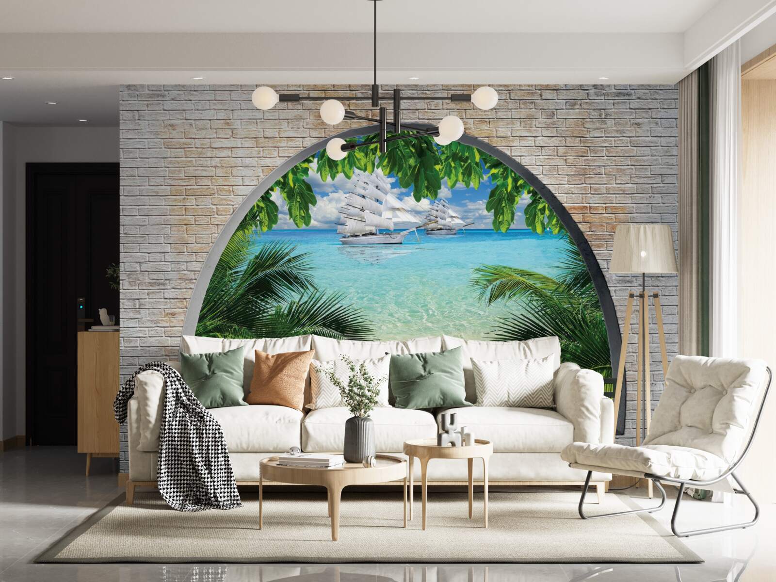 Fotobehang een raam in een bakstenen muur met uitzicht op zee en jachten met hagelwitte zeilen