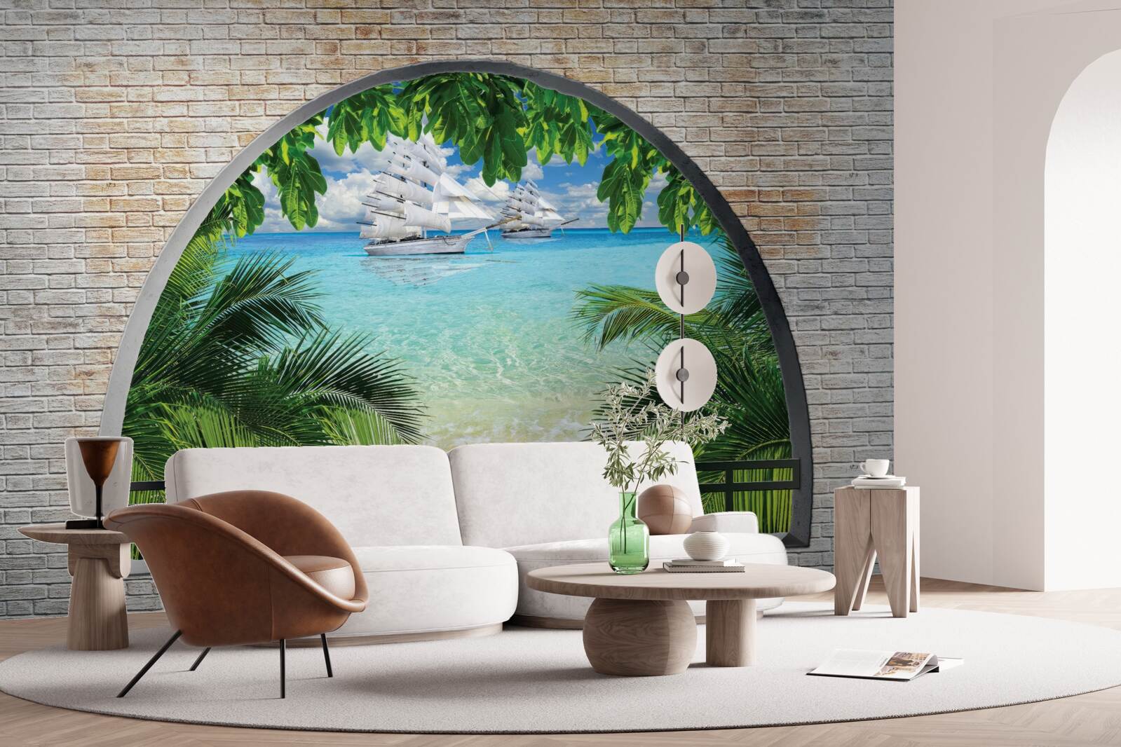 Fotobehang een raam in een bakstenen muur met uitzicht op zee en jachten met hagelwitte zeilen