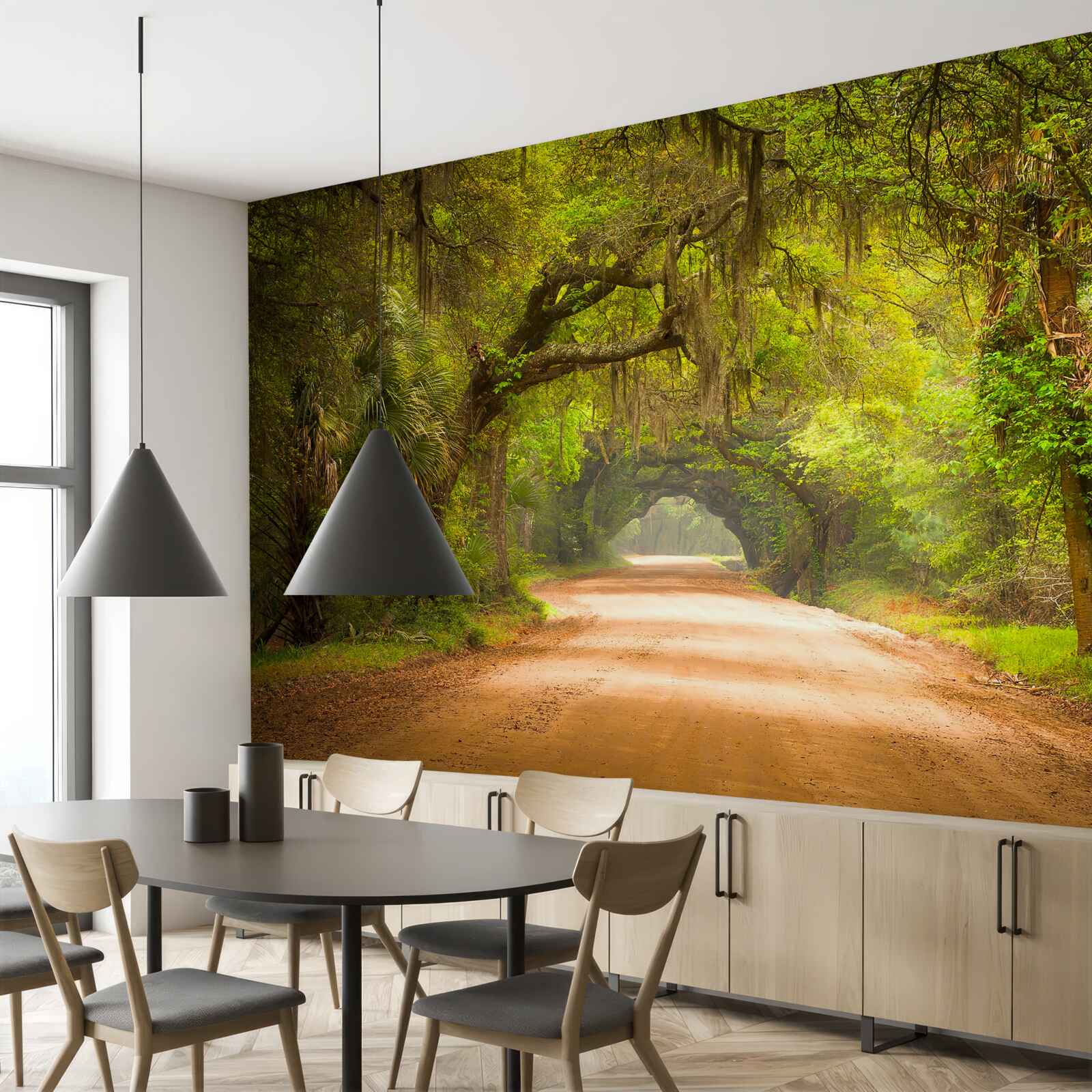 Fotobehang ruime baan omgeven door groen gebladerte