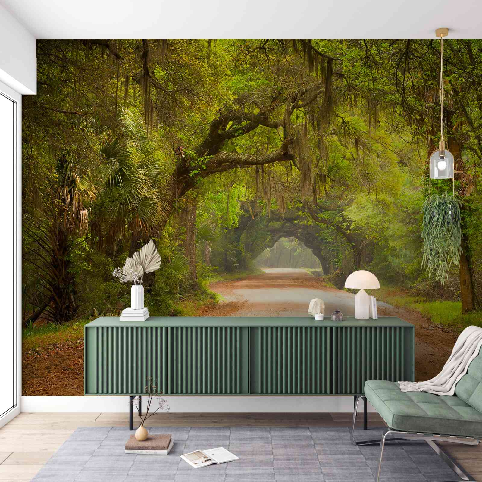 Fotobehang ruime baan omgeven door groen gebladerte