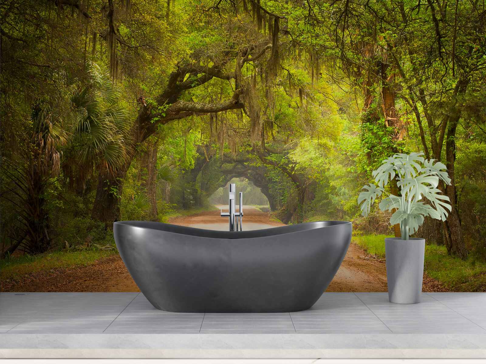 Fotobehang ruime baan omgeven door groen gebladerte