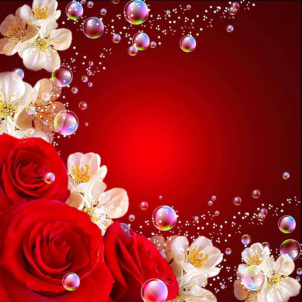 Fotobehang witte bloemen en rode rozen op een kastanjebruine achtergrond