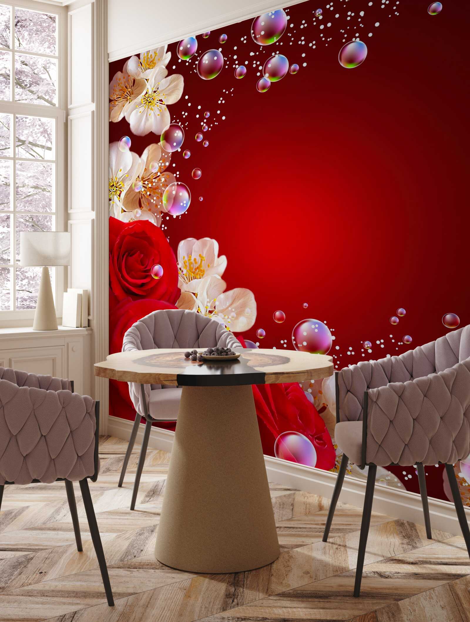 Fotobehang witte bloemen en rode rozen op een kastanjebruine achtergrond