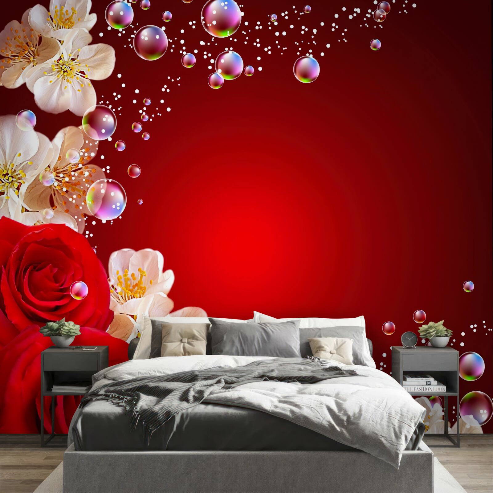 Fotobehang witte bloemen en rode rozen op een kastanjebruine achtergrond