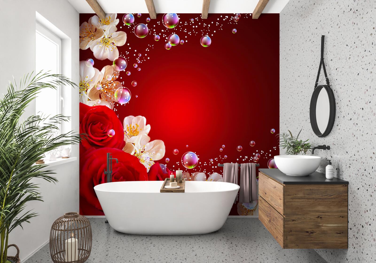 Fotobehang witte bloemen en rode rozen op een kastanjebruine achtergrond