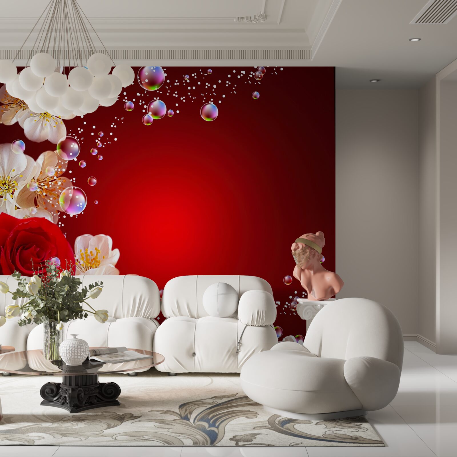 Fotobehang witte bloemen en rode rozen op een kastanjebruine achtergrond